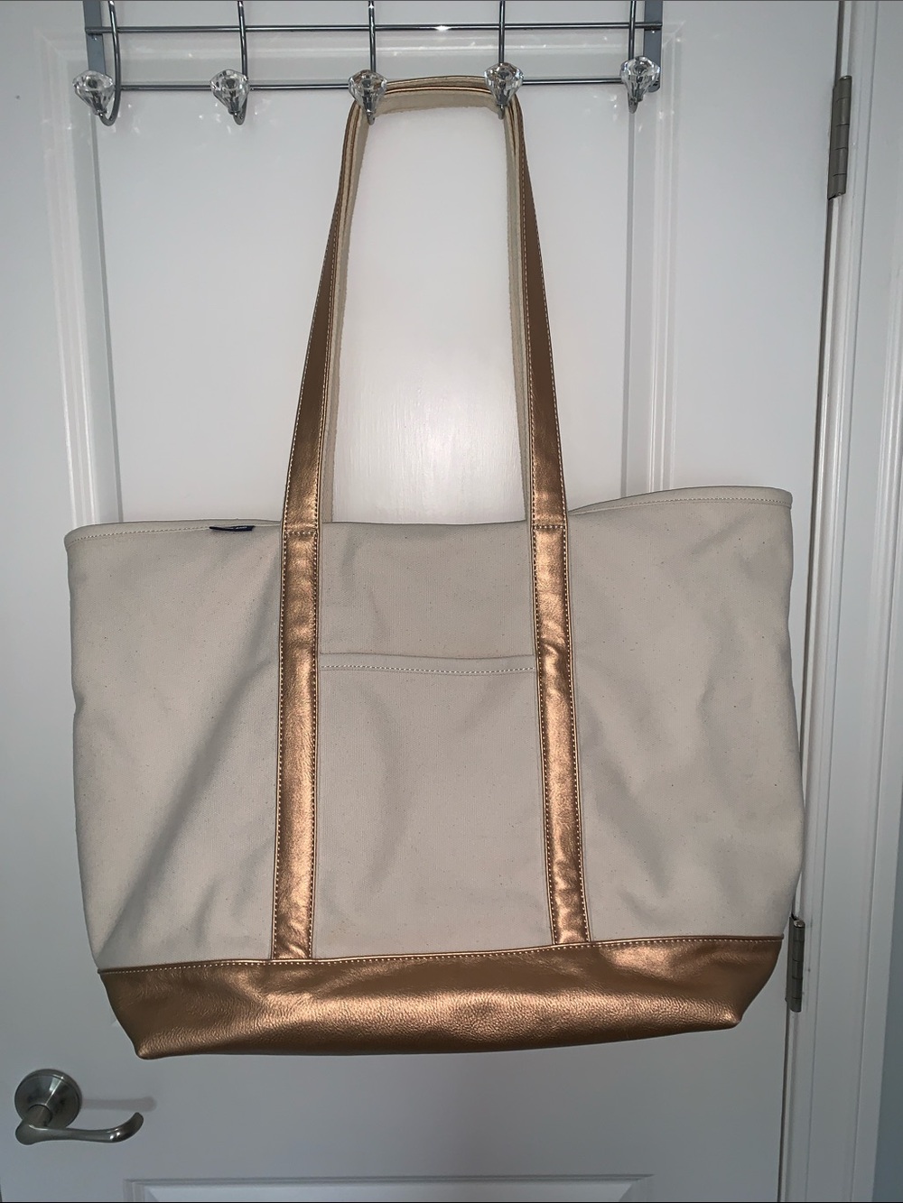 Lands’ End Extra Large Natural Metallic Zip Top Long Handle Canvas Tote Bag